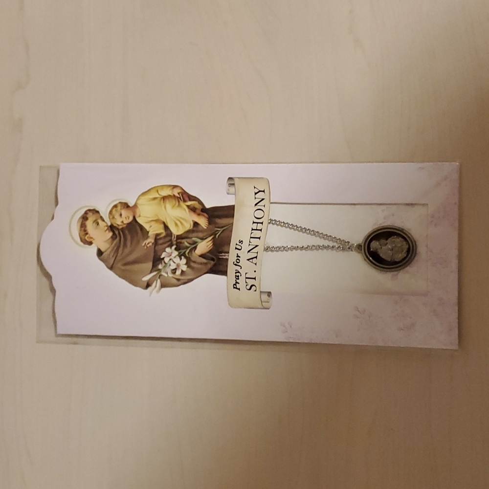 Pray for Us, St. Anthony Silver Necklace with Burgundy and Silver Cameo
